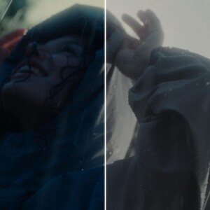 Puede incluir: Imagen en dos paneles de una persona con una chaqueta con capucha experimentando la lluvia. La persona mira hacia arriba con una sonrisa y levanta la mano. La chaqueta es de color azul gris&aacute;ceo apagado y el fondo est&aacute; borroso.