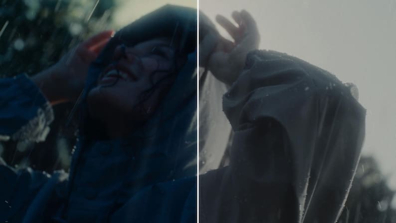 Puede incluir: Imagen en dos paneles de una persona con una chaqueta con capucha experimentando la lluvia. La persona mira hacia arriba con una sonrisa y levanta la mano. La chaqueta es de color azul gris&aacute;ceo apagado y el fondo est&aacute; borroso.