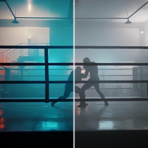 May include: A boxing ring with two figures engaged in a fight. The ring is surrounded by black ropes and posts. The scene is illuminated with blue and orange lighting, creating a dramatic atmosphere.