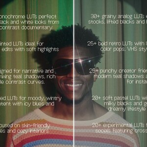 Puede incluir: Imagen dividida en dos, con una persona con gafas de sol. Cada lado presenta texto que describe LUTs (tablas de consulta) para edici&oacute;n de video, con categor&iacute;as como B&W, Sepia, Vintage y Retro, ofreciendo opciones de gradaci&oacute;n de color.