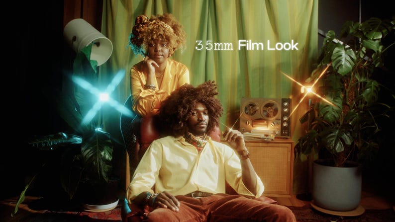 May include: A photograph with a retro aesthetic, featuring two people in a room with plants and a vintage reel-to-reel tape recorder. The text "35mm Film Look" is visible. The people are wearing yellow shirts and brown trousers. The lighting creates a warm, nostalgic atmosphere.