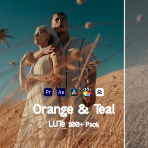 May include: An image featuring a couple standing in a field of tall, dry grass under a teal sky. The text "Orange & Teal LUTs 100+ Pack" is displayed at the bottom, along with several app icons. The overall aesthetic is warm and cinematic.