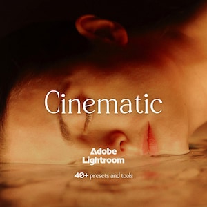 Könnte beinhalten: Eine digitale Grafik mit einer Person mit geschlossenen Augen, die nahe einer Wasseroberfläche ruht, beleuchtet in warmen Bernsteintönen. Der Text lautet: Cinematic, Adobe Lightroom und 40+ presets and tools, in weißen Serif- und Sans-Serif-Schriften.