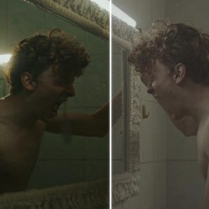 May include: A two-part image depicts a person with curly hair shouting in a bathroom. The person is shirtless and facing a mirror. The bathroom has a vintage aesthetic with a light fixture above the mirror.