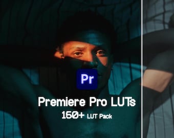 May include: Image featuring a person with the Adobe Premiere Pro logo and text "Premiere Pro LUTs 150+ LUT Pack". The person is lying down with arms behind their head. The image has a dark, moody aesthetic with blue and orange lighting.