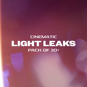 Könnte beinhalten: Eine digitale Grafik mit einem verschwommenen Hintergrund aus lila und weißem Bokeh. Der Text "CINEMATIC LIGHT LEAKS PACK OF 30+" wird in fetten weißen Buchstaben angezeigt, was auf eine Sammlung von visuellen Effekten hindeutet.