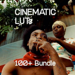 Peut inclure: Image avec un homme portant un bandana rouge fumant une cigarette, avec le texte "CINEMATIC LUTS" et "100+ Bundle" en blanc. Une femme est visible en arrière-plan. La scène se déroule en extérieur avec de la verdure et un arrière-plan coloré.
