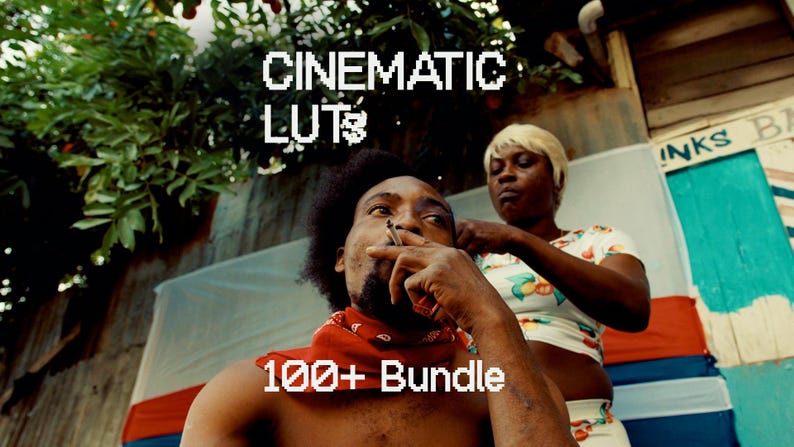 May include: A man with a red bandana smoking a cigarette, with the text "CINEMATIC LUTS" and "100+ Bundle" in white. A woman is seen in the background. The scene is set outdoors with greenery and a colorful backdrop.