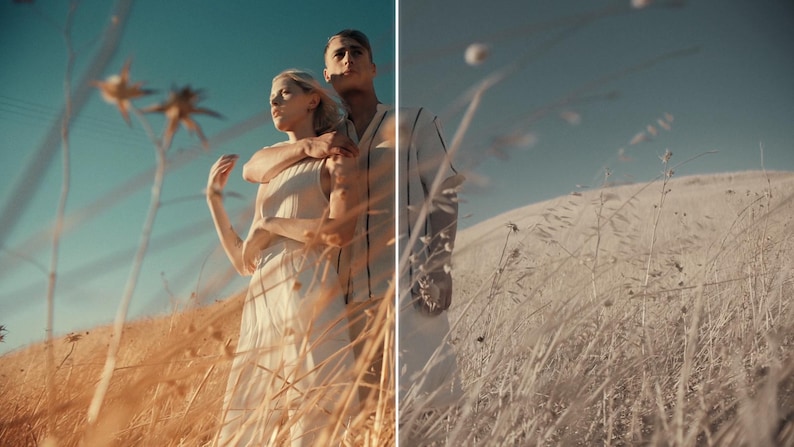 Puede incluir: Una pareja se encuentra en un campo de hierba alta y seca bajo un cielo azul claro. La mujer lleva un vestido blanco y el hombre la abraza. La escena est&aacute; ba&ntilde;ada por la c&aacute;lida luz del sol, creando una atm&oacute;sfera rom&aacute;ntica y serena.