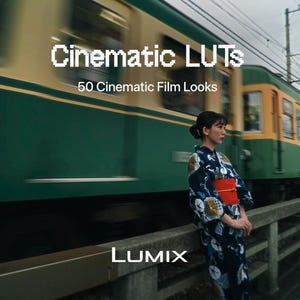 Pode incluir: Um gráfico digital com o texto "Cinematic LUTs" e "50 Cinematic Film Looks" sobre uma cena de um comboio a passar por uma pessoa que veste um quimono azul escuro com padrões e um obi vermelho, com a palavra "LUMIX" na parte inferior.