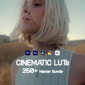 May include: A person with blonde hair in a field, wearing a light green top. The image includes the text "CINEMATIC LUTS 250+ Master Bundle" and icons for video editing software.