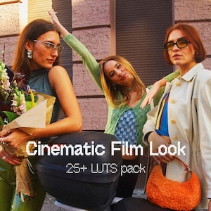 Puede incluir: Tres personas posan al aire libre. Una sostiene un ramo de flores. La imagen tiene el texto "Cinematic Film Look" y "25+ LUTS pack". Una persona lleva un bolso naranja. El fondo es una pared de ladrillos.