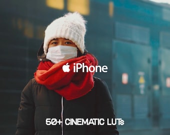 May include: A person wearing a white knit hat, red scarf, and face mask, with the iPhone logo and the word "iPhone" displayed. The text "50+ CINEMATIC LUTS" is also visible.