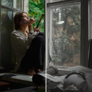 May include: A person sits in a window, holding a paintbrush and looking up. The person is wearing a white shirt and black pants. The window is open, with a view of green trees outside. The scene is split into two panels, one in color and one in black and white.
