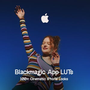 May include: A long-sleeve shirt with horizontal stripes in yellow, orange, purple, and white. The image features the Apple logo, the text Blackmagic App LUTs, and the text 100+ Cinematic iPhone Looks against a solid blue background.