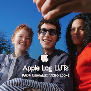 May include: Three people smiling while taking a selfie against a clear blue sky. The image features the Apple logo with the text Apple Log LUTs and 100+ Cinematic Video Looks overlaid in white pixelated font on the center of the frame.