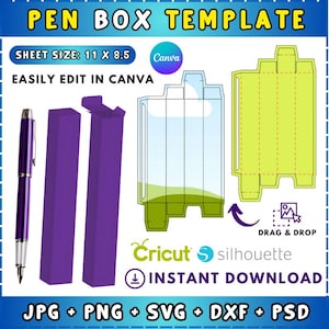 Może przedstawiać: Szablon pudełka na długopisy z napisem "PEN BOX TEMPLATE" u góry. Rozmiar arkusza to 27,9 x 21,6 cm. Projekt zawiera fioletowy długopis, dwa fioletowe pudełka na długopisy i szablon pudełka. Łatwy do edycji w Canva i natychmiastowe pobieranie.