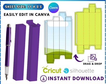 Pen Box Template, Pen Box Packaging, Pen Box Holder Template, Glitter Pen Box, Packaging Box, Party favor box, Editable Canva drag and drop