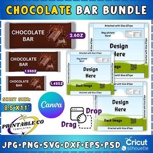 Puede incluir: Un paquete de plantillas digitales para envoltorios de barras de chocolate. La imagen muestra tres barras de chocolate con diferentes pesos, junto con plantillas de diseño. El tamaño de la hoja es de 21,6 cm x 27,9 cm. El paquete incluye archivos JPG, PNG, SVG, DXF, EPS y PSD.