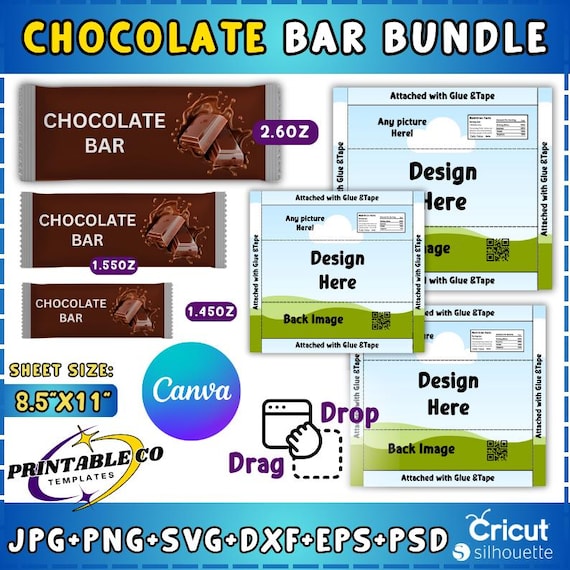 Chocolate Bar Wrapper Template Bundle, Chocolate Bar template, Nutritional Label, Template, Party Favors, Canva Editable, Chocolate Wrapper