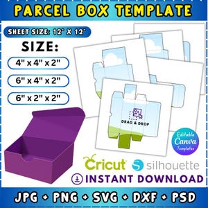 May include: A purple parcel box template with various size options: 4" x 4" x 2", 6" x 4" x 2", and 6" x 2" x 2". The image includes a sheet size of 12" x 12" and the text "Instant Download". Compatible with Cricut and Silhouette.