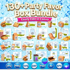 Puede incluir: Una imagen que muestra un conjunto de plantillas de cajas para regalos de fiesta. El texto dice "130+ Party Favor Box Bundle" y "Easily Edit in Canva." Se muestran varios diseños de cajas, con la opción de agregar tu propio diseño. Los formatos de archivo incluyen JPG, PNG, SVG, DXF, PSD, AI y EPS.