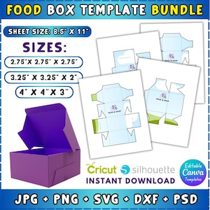 Könnte beinhalten: Ein violettes Lebensmittelbox-Vorlagenpaket mit Größen von 7 x 7 x 7 cm, 8,3 x 8,3 x 5 cm und 10 x 10 x 7,6 cm. Das Paket enthält editierbare Vorlagen für Cricut- und Silhouette-Maschinen, die sofort als JPG, PNG, SVG, DXF und PSD heruntergeladen werden können.