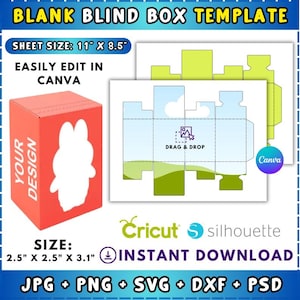 Op de afbeelding: Een rode blanco blind box sjabloon met een wit konijn silhouet en de tekst "YOUR DESIGN". De afmeting van het vel is 27,9 cm x 21,6 cm, en de doosafmeting is 6,4 cm x 6,4 cm x 7,9 cm. Inclusief bestandsformaten JPG, PNG, SVG, DXF en PSD.