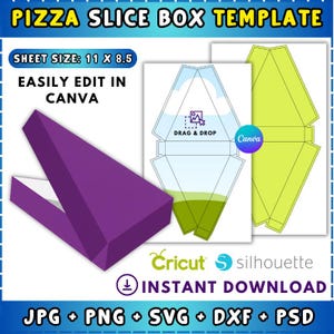 Puede incluir: Plantilla de caja de porción de pizza morada con el texto "PIZZA SLICE BOX TEMPLATE". El tamaño de la hoja es de 27,9 x 21,6 cm. Fácilmente editable en Canva. Descarga instantánea en JPG, PNG, SVG, DXF y PSD.