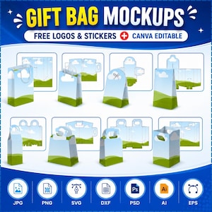 Puede incluir: Una colección digital de maquetas de bolsas de regalo con un patrón de cielo azul y colinas verdes. La imagen muestra varias plantillas de bolsas, diseños planos e iconos de formatos de archivo como JPG, PNG, SVG, DXF, PSD, AI y EPS.
