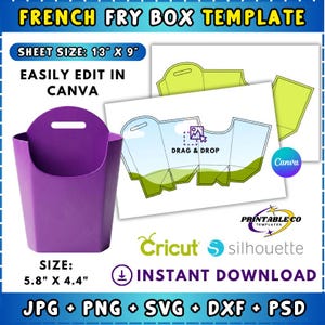 Op de afbeelding: Een paarse French fry box template met de tekst "FRENCH FRY BOX TEMPLATE". De bladgrootte is 33 x 23 cm en de doosgrootte is 14,7 x 11,2 cm. Bevat de tekst "EASILY EDIT IN CANVA" en "INSTANT DOWNLOAD". Compatibel met Cricut en Silhouette.