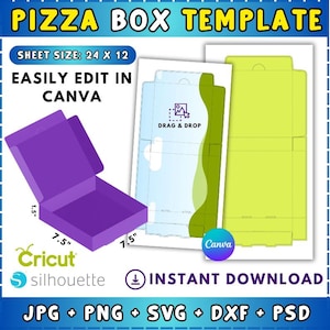 May include: A purple pizza box template with dimensions of 19.05cm x 19.05cm x 3.81cm is displayed open. The image includes a sheet size of 60.96cm x 30.48cm and the text "EASILY EDIT IN CANVA". The design is compatible with Cricut and Silhouette.