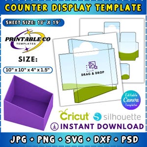 May include: A purple counter display box next to a template with a drag and drop design. The sheet size is 18" x 19", and the box size is 10" x 10" x 4" x 1.5". The image includes the text "Printable Co Templates" and "Instant Download".