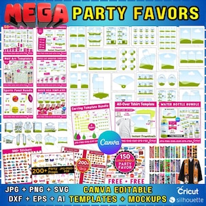 May include: A vibrant graphic showcasing a variety of party favor templates and mockups. Includes templates for nail art, paper cups, sports panels, shoe boxes, earrings, t-shirts, and water bottles. The image also features stickers, props, and a logo bundle.