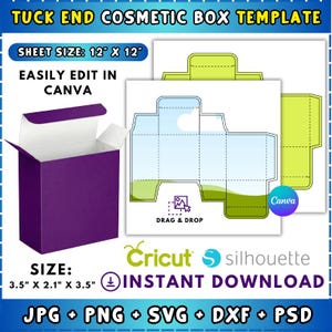 May include: A purple tuck end cosmetic box template with the text "TUCK END COSMETIC BOX TEMPLATE". The sheet size is 12" x 12". The box dimensions are 3.5" x 2.1" x 3.5". Includes "INSTANT DOWNLOAD" and file types JPG, PNG, SVG, DXF, and PSD.