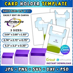 May include: A digital card holder template with three size options: 3.64" x 2.66" x 1.93", 3.74" x 2.71" x 0.75", and 5.3" x 3.2" x 0.35". The design includes a purple card holder and a sheet with a card holder outline. The template is easily editable in Canva.