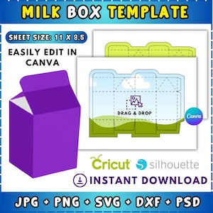 以下が含まれることがあります： 「MILK BOX TEMPLATE」と「SHEET SIZE: 11 X 8.5」の文字が入った紫色のミルクボックステンプレート。デザインには、牛乳パックと、「EASILY EDIT IN CANVA」と「DRAG & DROP」の文字が入ったフラットテンプレートが含まれています。画像には「INSTANT DOWNLOAD」の文字も含まれています。