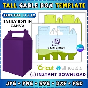 Puede incluir: Una plantilla de caja alta con forma de caballete morada con asa, junto a un diagrama del diseño de la caja. El tamaño de la hoja es de 27,9 x 21,6 cm. El diseño se edita fácilmente en Canva y es de descarga instantánea.