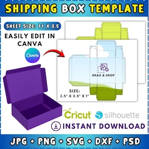 May include: A purple shipping box template with the text "SHIPPING BOX TEMPLATE". The image includes a box mockup, a box template, and the text "EASILY EDIT IN CANVA". The template size is 11 x 8.5 inches, and the box size is 3.5" x 2.5" x 1".