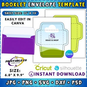 May include: A digital booklet envelope template with a purple envelope and a green and blue design. The sheet size is 38.1cm x 45.7cm, and the envelope size is 17.3cm x 25.1cm. The template is easily edited in Canva and available for instant download.