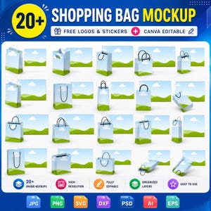 Può includere: Una collezione digitale di oltre 20 mockup di borse della spesa con una stampa paesaggistica di colline verdi e cielo blu con nuvole. Il set include varie orientazioni, manici e angolazioni, con il testo SHOPPING BAG MOCKUP.