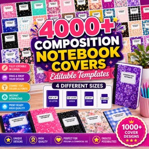May include: A digital collection of 4000+ editable composition notebook cover templates in various patterns and colours. Includes four sizes: 21.59 x 27.94 cm, 19.05 x 24.77 cm, 15.24 x 22.86 cm, and 8.26 x 11.43 cm, with features for Canva editing.