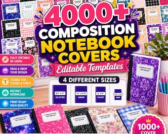 Composition Notebook Cover Templates, 4 Different Sizes, Notebook Covers, Back to School Mega Bundle, School Supplies, Editable Template DIY