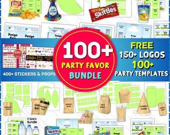 100+ Party Favor Template Bundle, Party Favor Mockups, Chip Bag Water Bottle Label Shoe Box Template, Nutrition Facts, DIY Canva Drag & drop