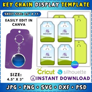 May include: A purple key chain display template with the text "KEY CHAIN DISPLAY TEMPLATE". The template includes a key chain design, and several tag designs. The sheet size is 8.5" x 11", and the key chain size is 4.5" x 3". The template is easily edited in Canva.