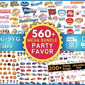 Op de afbeelding: Een digitale download grafische bundel met de tekst "560+ MEGA BUNDLE PARTY FAVOR" in een rode cirkel. De afbeelding bevat PNG- en SVG-bestanden, feestartikelen en logo's van populaire merken.
