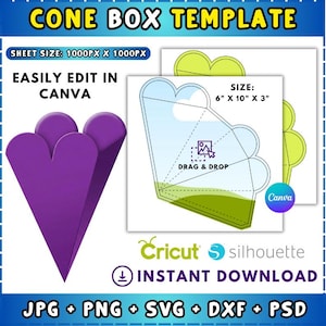 May include: A digital cone box template with the text "CONE BOX TEMPLATE" at the top. The template is easily edited in Canva and is available for instant download in JPG, PNG, SVG, DXF, and PSD formats. The sheet size is 1000px x 1000px, and the cone size is 6" x 10" x 3".