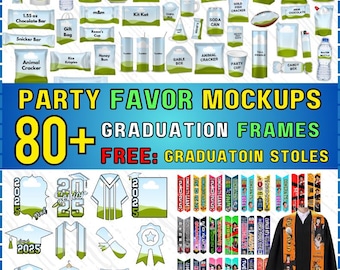 May include: A digital mockup featuring various party favor items like candy, snacks, and drinks. Includes graduation frames and stoles. The text reads "PARTY FAVOR MOCKUPS" and "80+ GRADUATION FRAMES FREE: GRADUATOIN STOLES".