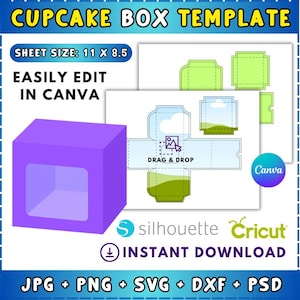 May include: A purple cupcake box template with a clear window, next to a flat, unfolded box design. The text reads "CUPCAKE BOX TEMPLATE", "SHEET SIZE: 11 X 8.5", and "EASILY EDIT IN CANVA". Includes "INSTANT DOWNLOAD" and file types JPG, PNG, SVG, DXF, and PSD.
