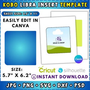 May include: Digital Kobo Libra insert template with a blue gradient background and a white sheet with a landscape graphic. The sheet size is 21.6 cm x 27.9 cm, and the insert size is 14.5 cm x 15.7 cm. Includes the text "EASILY EDIT IN CANVA" and "INSTANT DOWNLOAD".